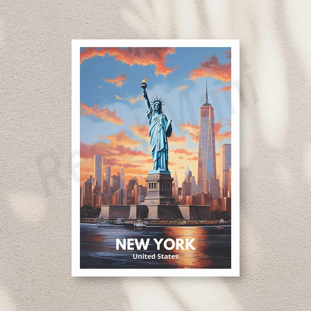 Magnifique vue de la ville de New York avec la Statue de la Liberté en premier plan et les gratte-ciel emblématiques en arrière-plan, sous un ciel dramatique coloré de tons oranges et bleus.