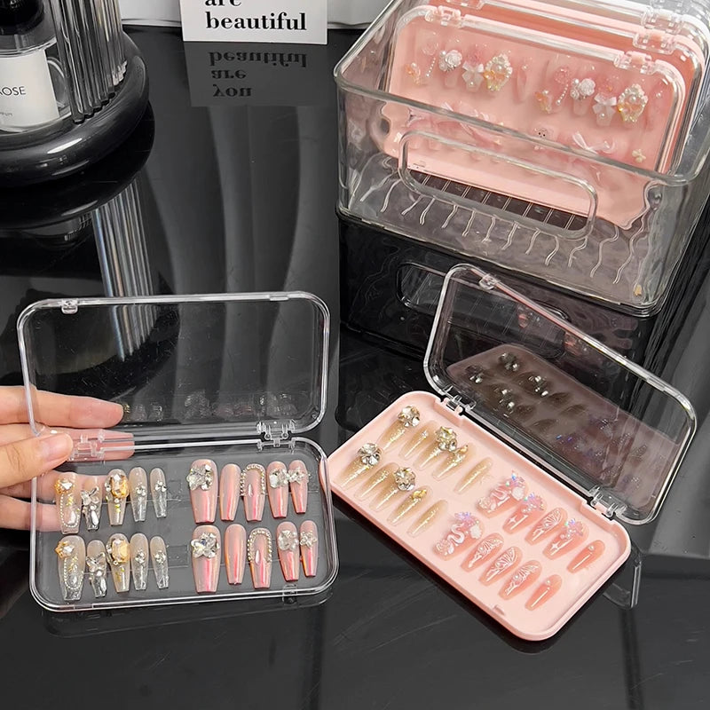 boîte rangement transparente moderne faux ongles diamants roses blanc rose clair miroir intégré salon