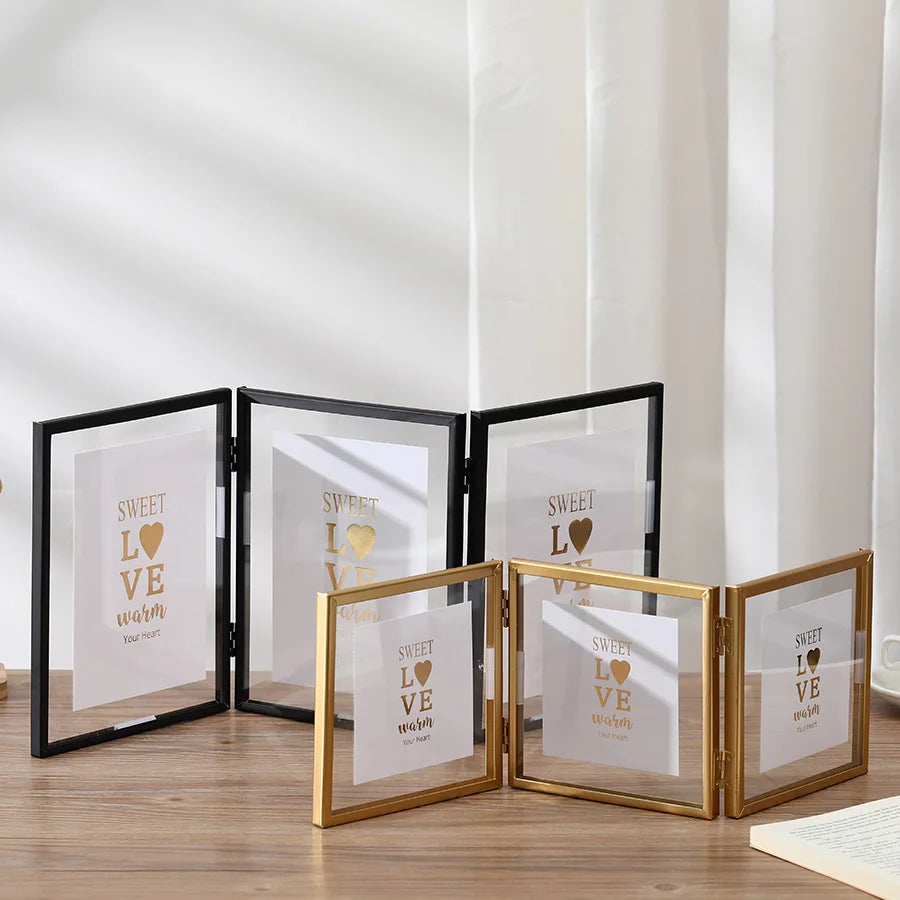 cadre photo or moderne triple transparent charnières papier motif cœur