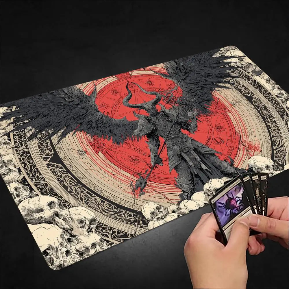 tapis jeu gothique art personnages ailes cartes rouge noir gris