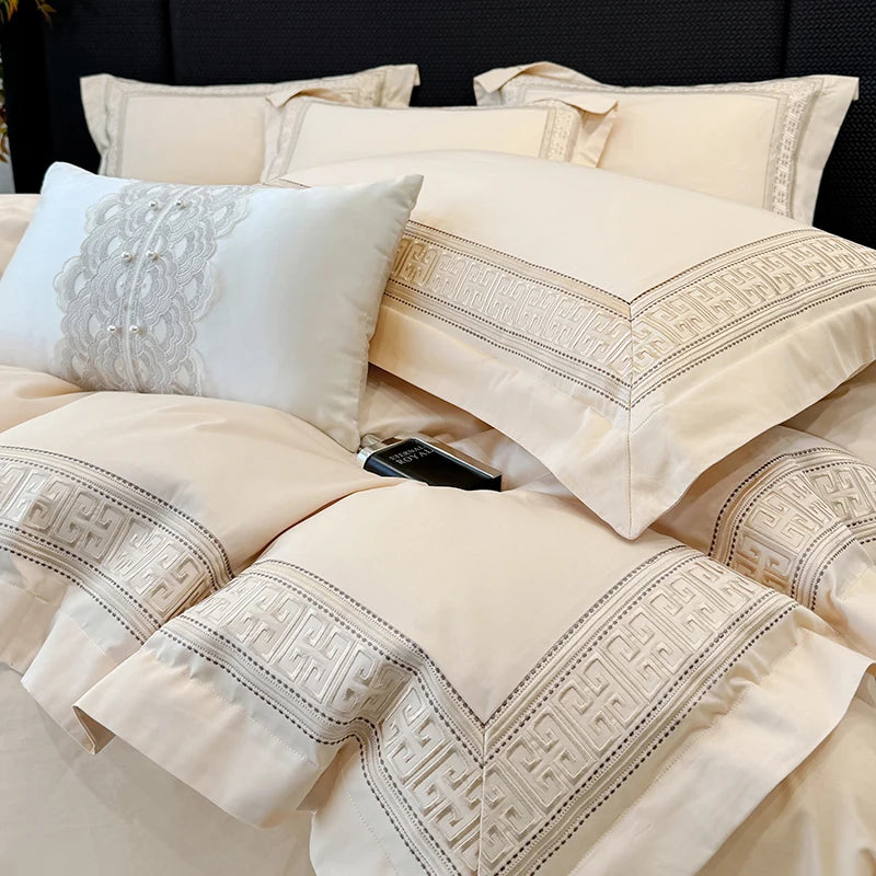ensemble literie blanc brodé élégant 100 coton king queen size
