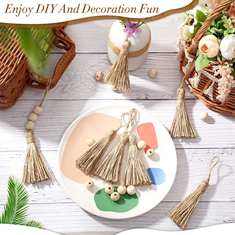 pompons jute rustiques décor maison rideau artisanal beige clair tissage non uniforme opaques festive