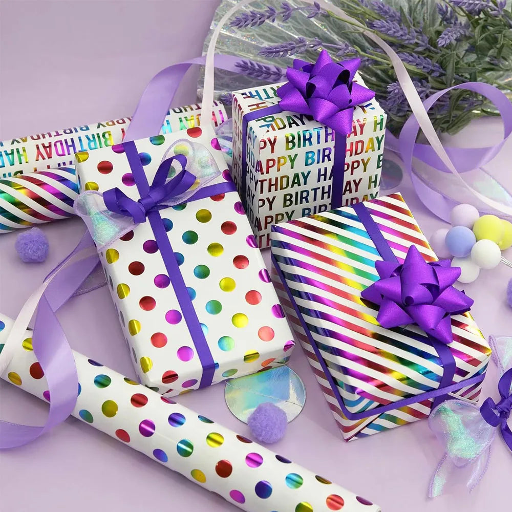 papier cadeau anniversaire moderne rayures diagonales points brillants happy birthday blanc multicolore festive