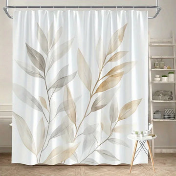 rideau douche moderne feuilles stylisées blanc beige gris opacité ourlet standard polyester 180x180cm