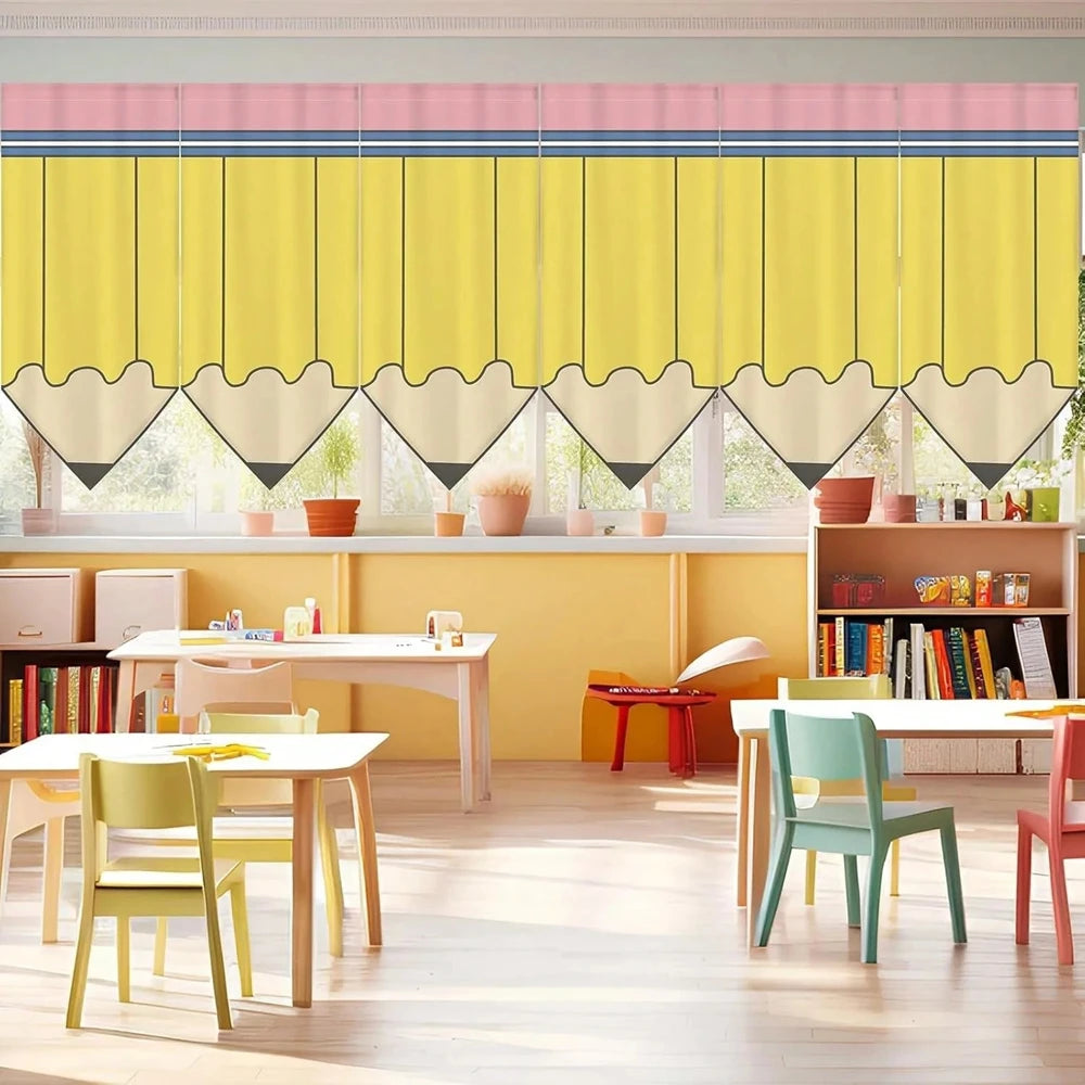 rideaux polyester crayon motif anniversaire retour école moderne enfantin jaune rose blanc