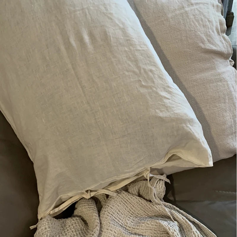 taie d'oreiller lin pur beige clair rustique housse lit chambre décoration maison