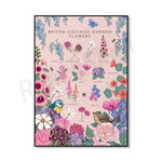 Cette image présente une belle collection de fleurs de jardin de chaumière britannique, comprenant notamment des wisterias, des cosmos, des pivoines, des roses et des hortensias, ainsi que des oiseaux et des insectes.