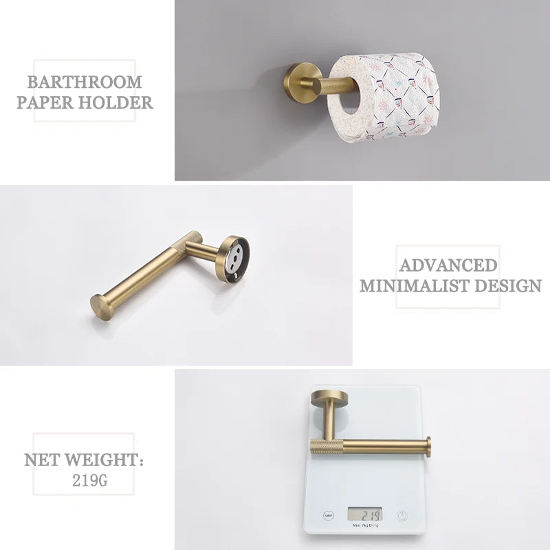 accessoires salle bain ensemble porte serviettes rouleau papier toilette crochet robe finition laiton doré