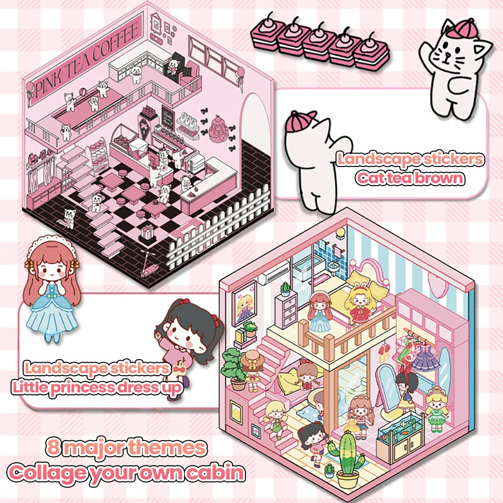 stickers 3d maison poupées animées rose blanc vert décoration enfant crafting mignon detalles adhesifs
