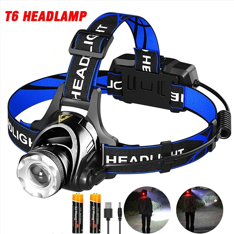 lampe frontale led super lumineuse rechargeable camping pêche chasse bande ajustable noir bleu headlight