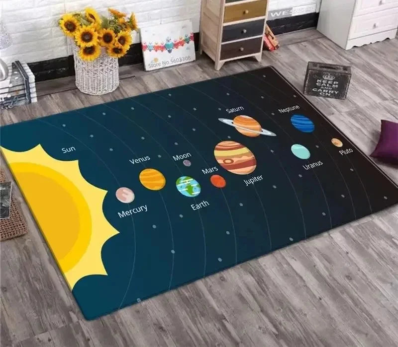 tapis moderne systèmes solaires planètes bleu foncé jaune orange gris chambre salon