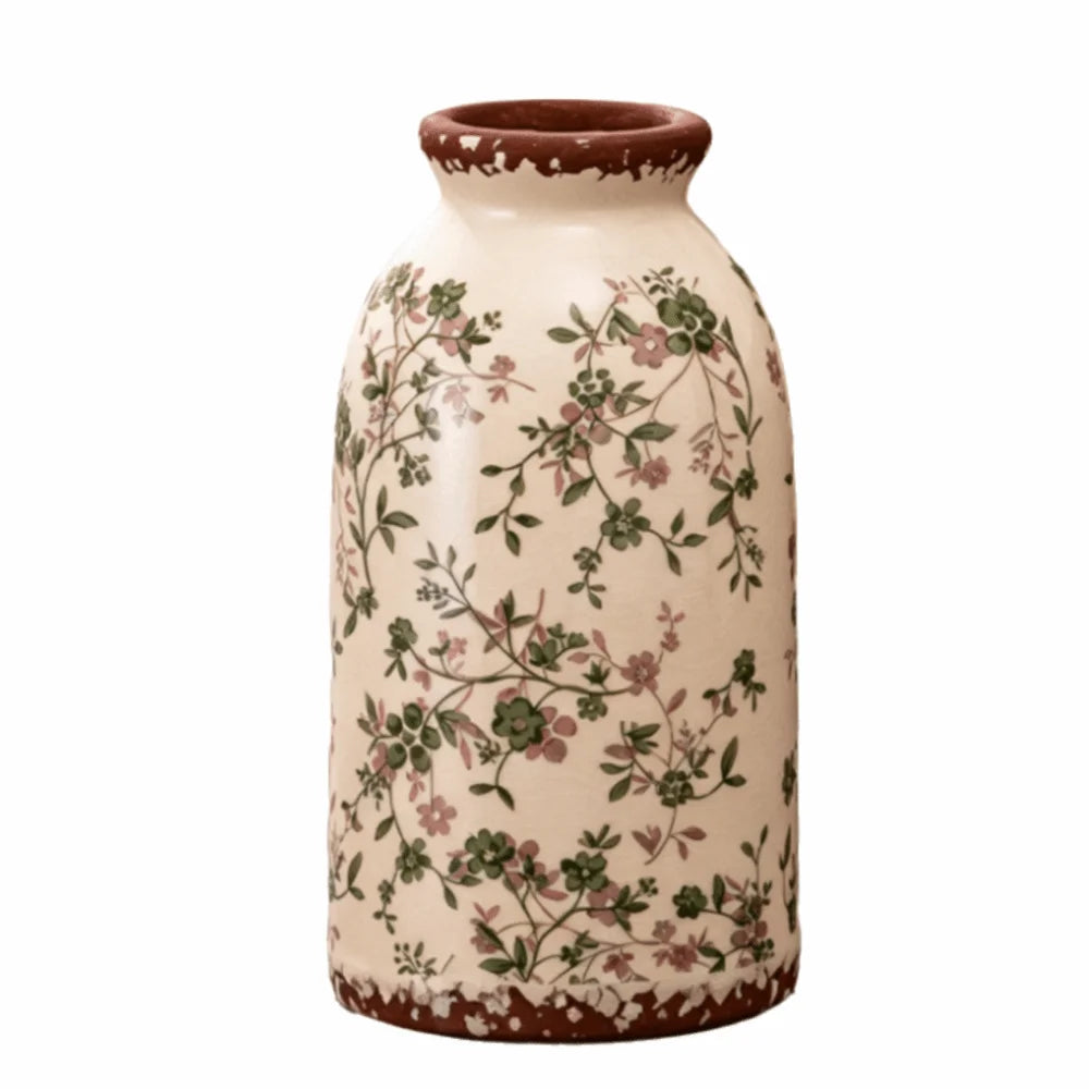 vase vintage floral poterie opaque couleur beige vert rose brun