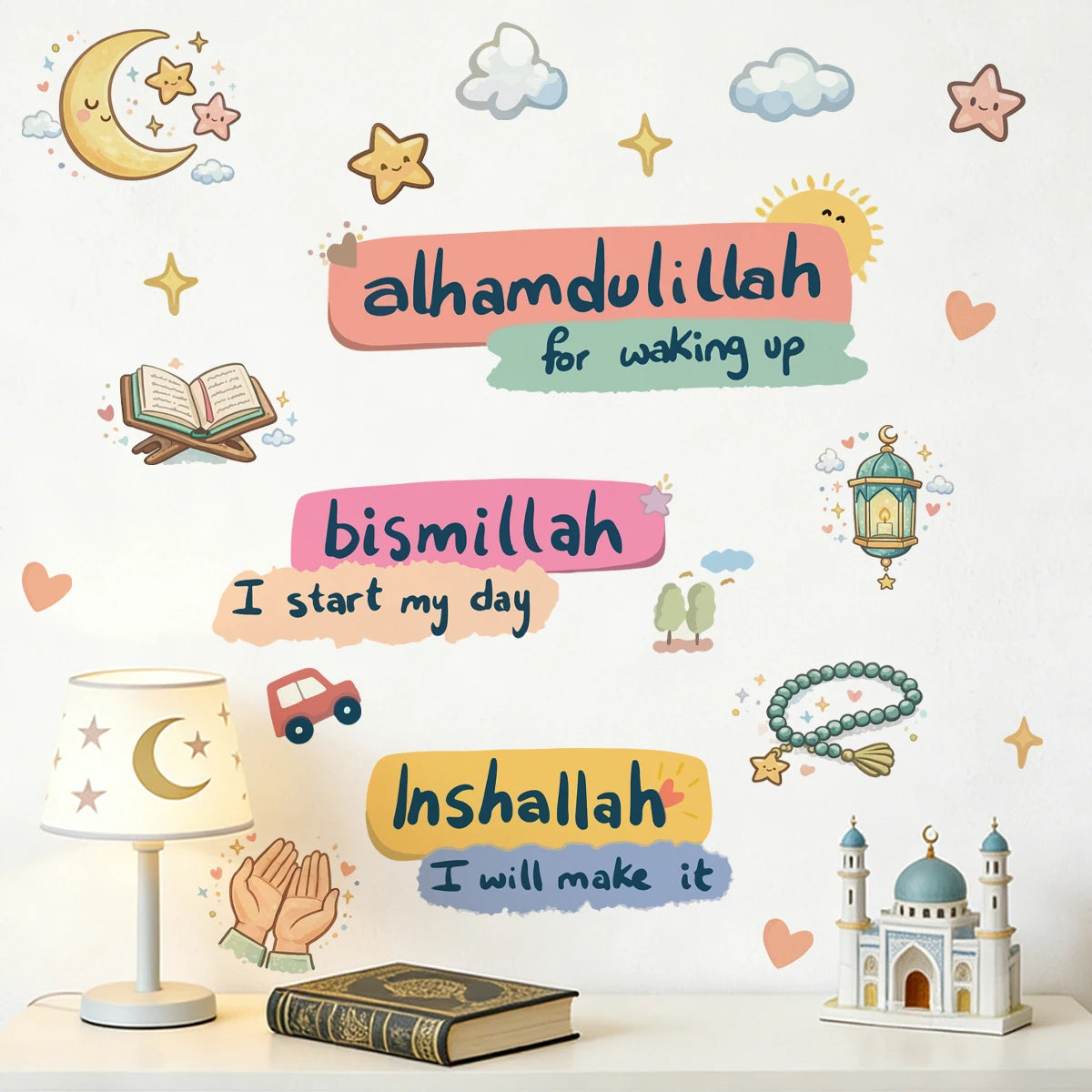 stickers muraux multicolores textes religieux symboles motifs géométriques adhésifs illustratifs colorés İslamiques maison chambre