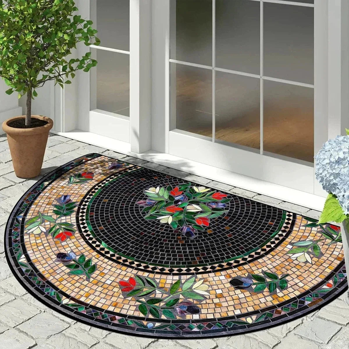 tapis d'entrée moderne mosaïque motifs floraux antidérapant extérieur noir marron beige vert blanc
