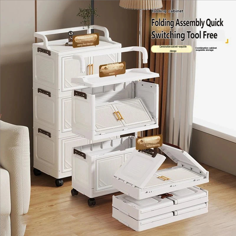 meuble rangement pliable blanc roulettes portes poignées dorées vêtements