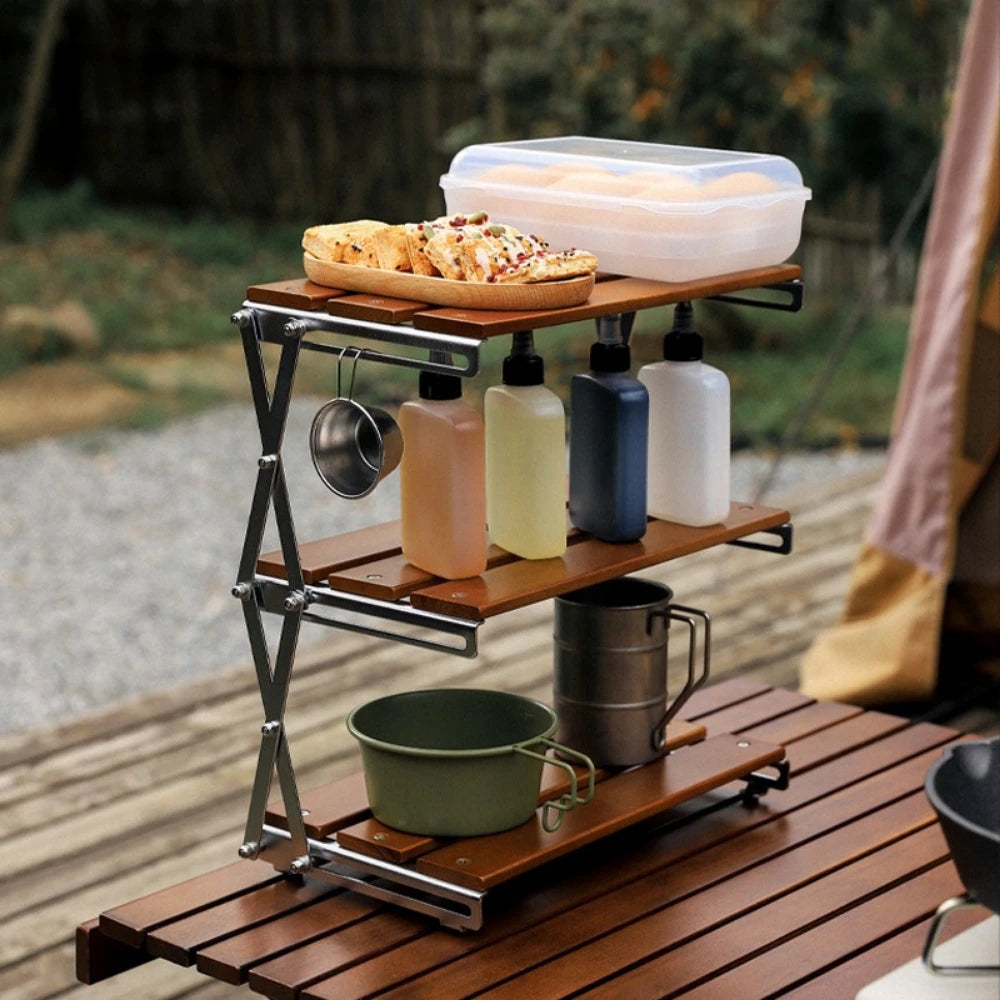 étagère pliable bois brun clair moderne trois niveaux clips fixation multifonctionnelle campingintérieur