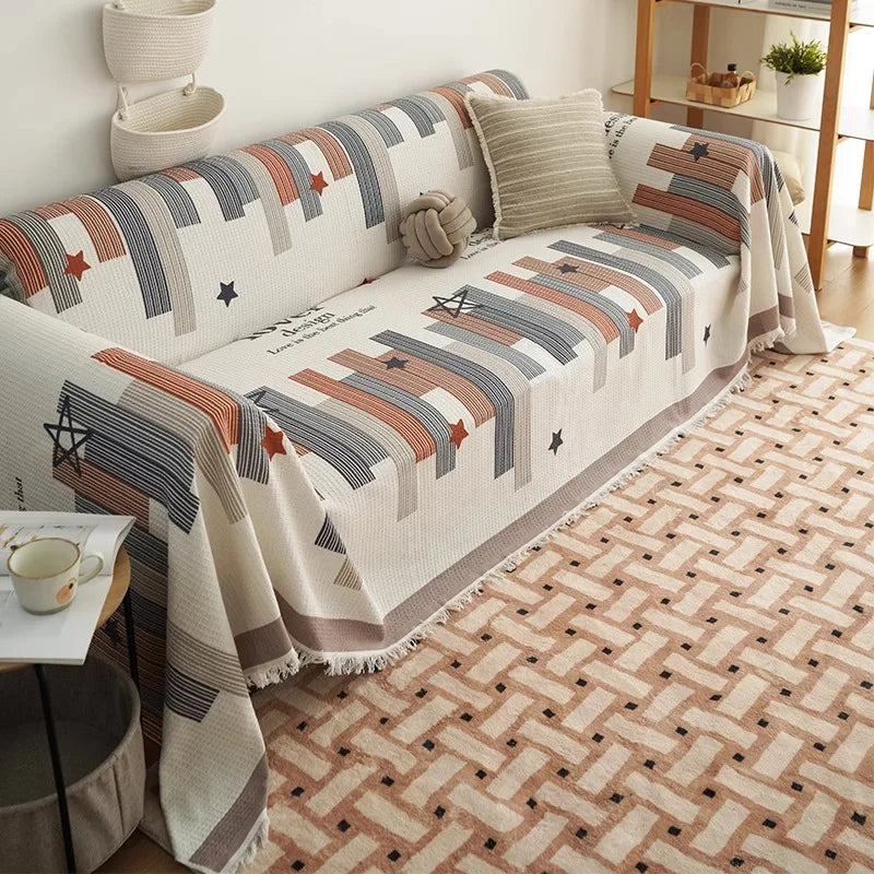 housse canapé grande taille rayures horizontales couverture salon moderne beige gris décorative