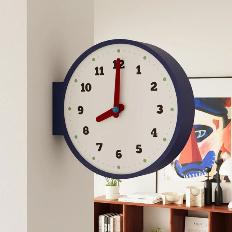 horloge murale double face moderne bleu blanc aiguilles quartz résine salon