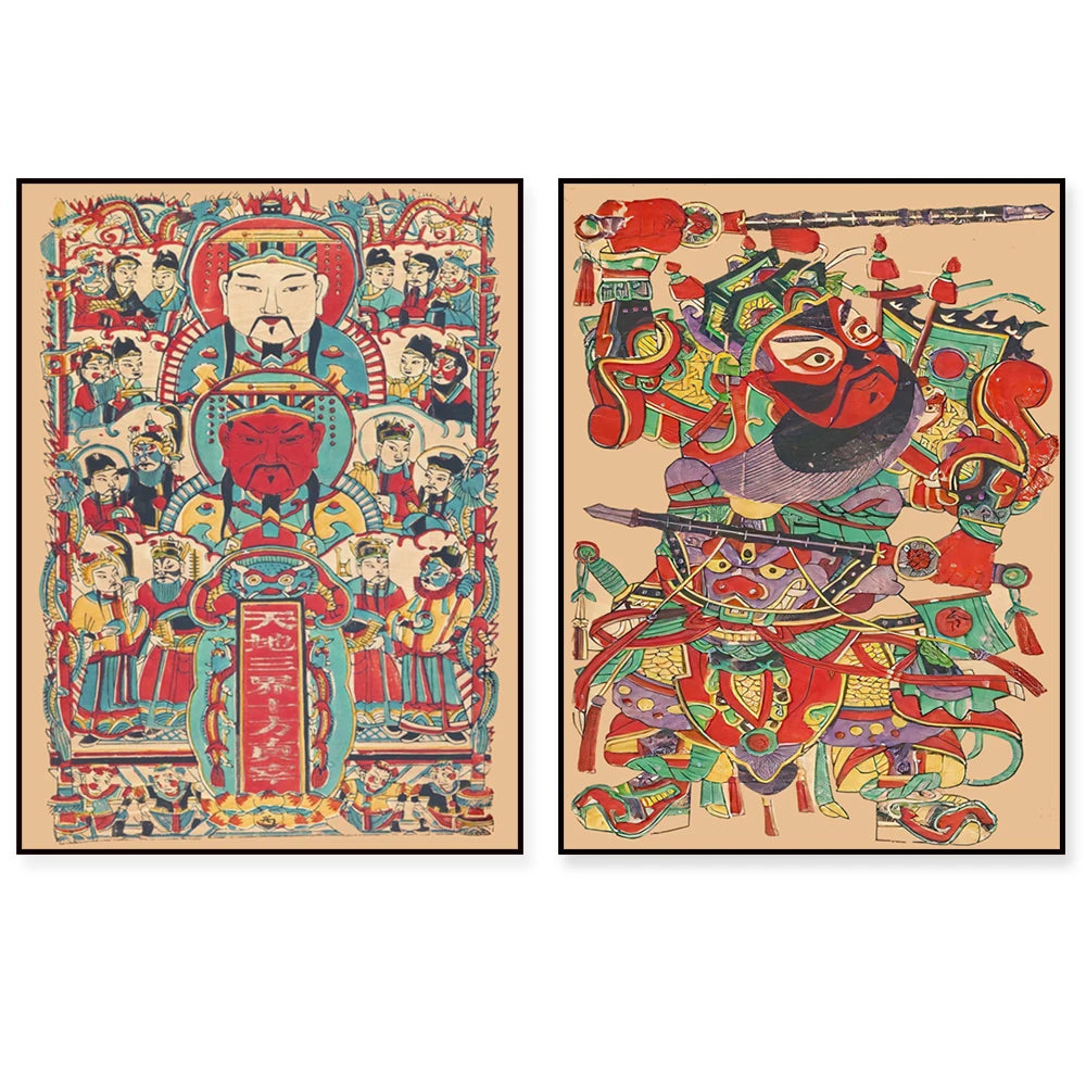 Deux images encadrées remplies de motifs colorés et de personnages fantaisistes dans un style traditionnel asiatique.