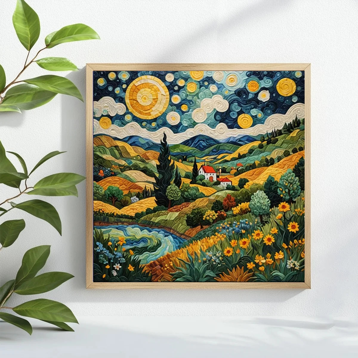 tapisserie broderie paysage rural montagnes champs maisons fleurs étoiles bleu vert Jaune toile cadre
