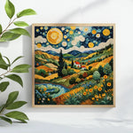 tapisserie broderie paysage rural montagnes champs maisons fleurs étoiles bleu vert Jaune toile cadre