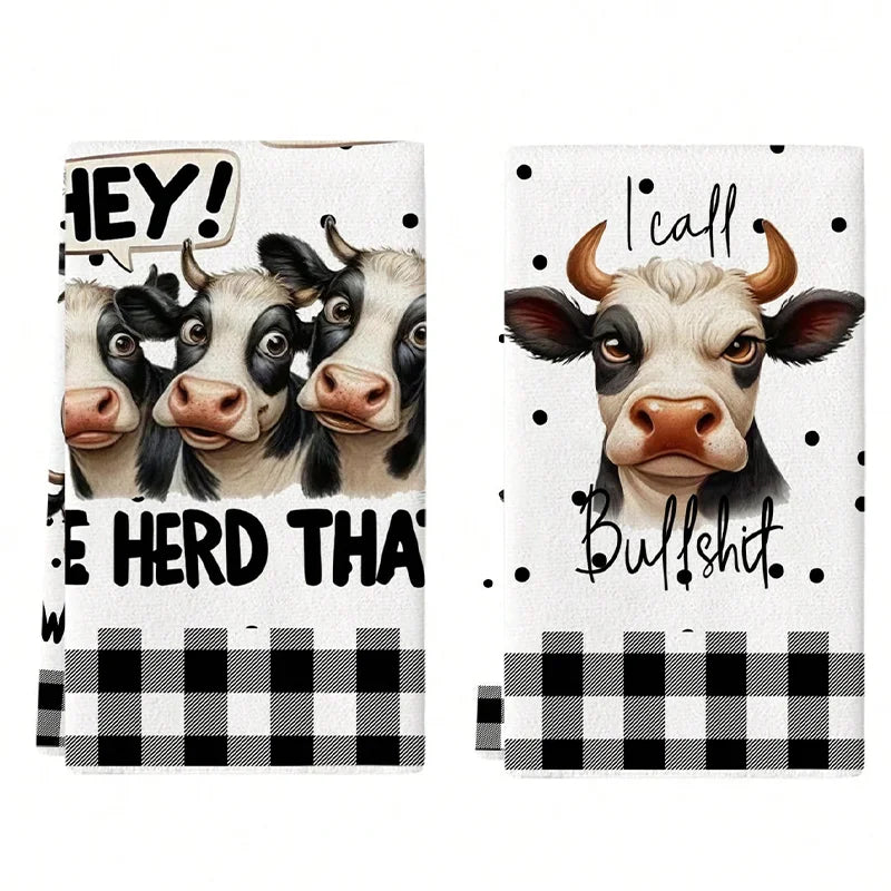serviettes cuisine tissu blanc noir rustique deux vaches humoristiques carreaux noirs blancs super absorbantes