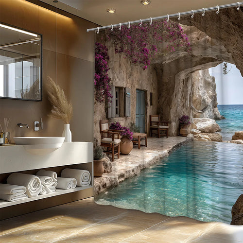 rideau douche moderne opacité beige violet bleu gris paysage rocheux fleurs violettes fenêtres meubles
