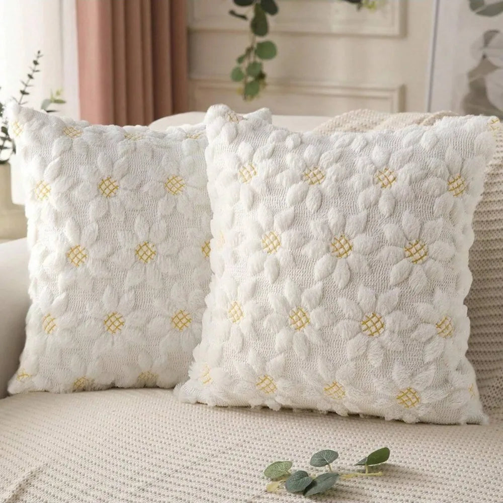 housse coussin décoration moderne rose clair blanc motifs floraux polyester coton 45cm lit chambre