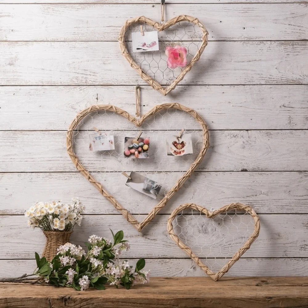 cadre mural tressé rustique boho chic forme cœur naturel clips ruban noir