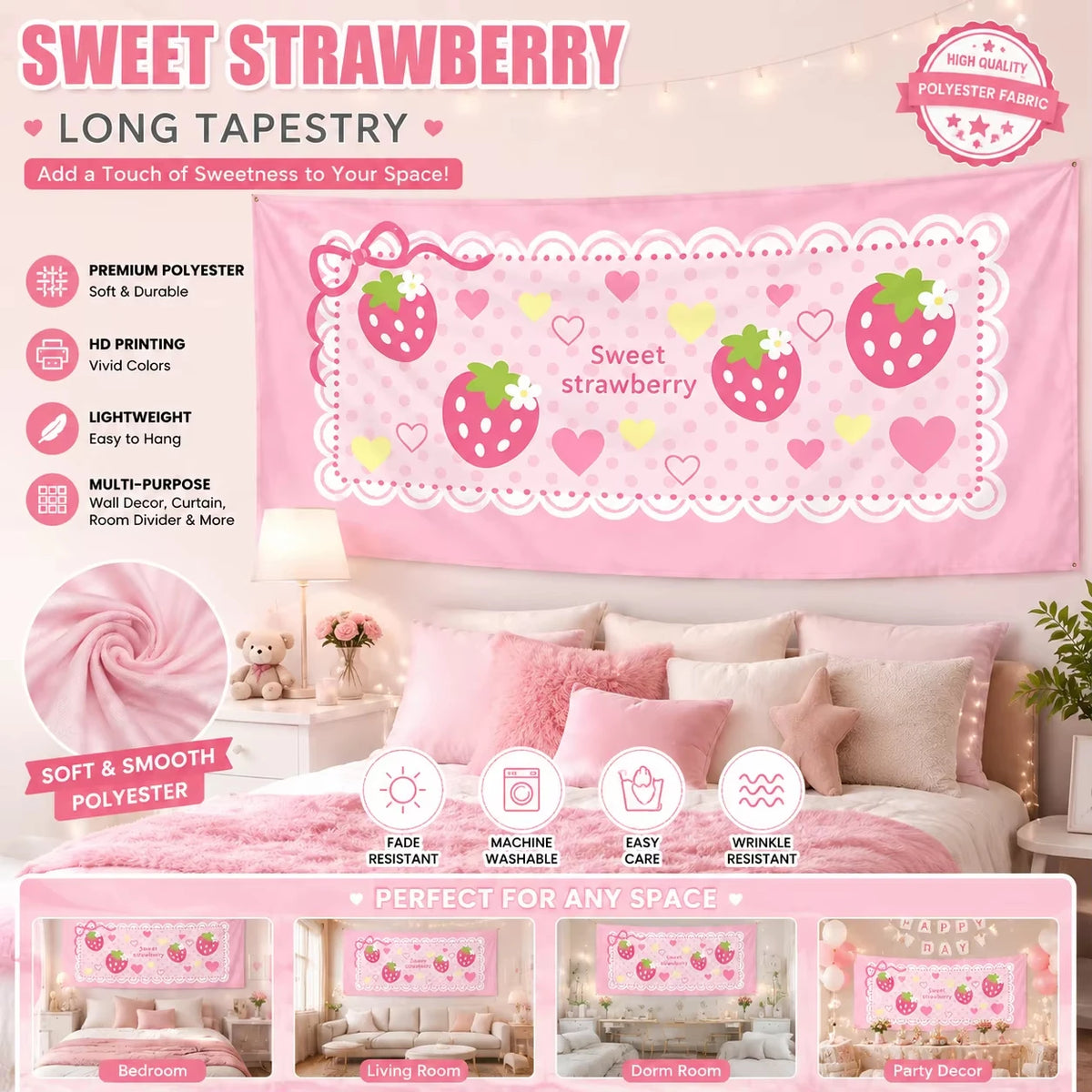 tapisserie murale longue fraises coeurs dentelle rose chambre fille kawaii décoration tête lit douce