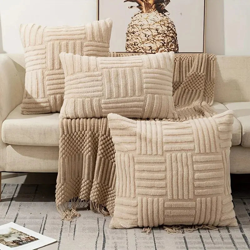 housses coussin peluche géométriques beige gris rose modernes canapé 45x45cm opaques fixées