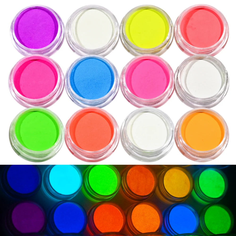 poudre fluorescente glow nuit 12 couleurs vert bleu orange rose moderne nail art vernis