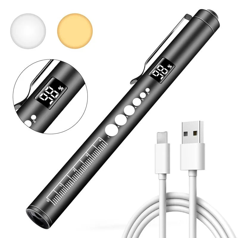 stylo led multifonction noir écran règle graduée boutons commandes lumière blanche jaune rechargeable