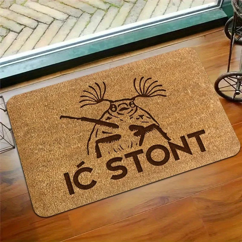 tapis d'entrée moderne marron clair imprimé personnage stylisé antidérapant extérieur porte chambre coucher decoration