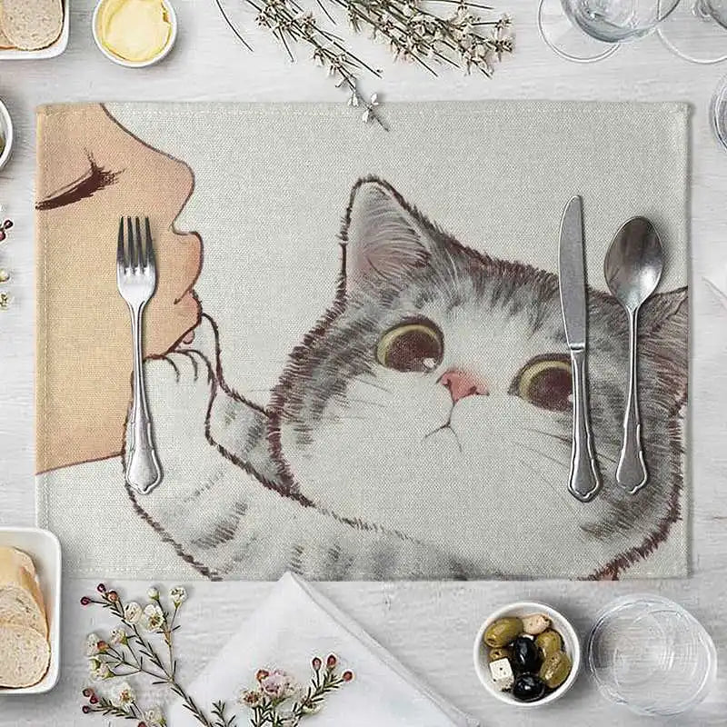 serviette table illustration chat mignon couleur beige gris rose toile lin respectueuse environnement