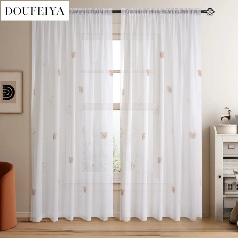 rideau transparent blanc motif ours marron texte happy day moderne chambre enfant salon