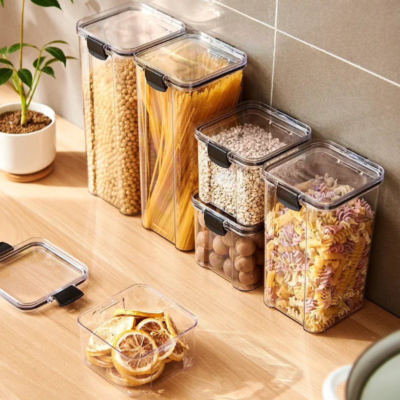 boîtes rangement alimentaires transparentes poignées noires grains pâtes fruits secs moderne pratiques résistantes humides