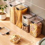 boîtes rangement alimentaires transparentes poignées noires grains pâtes fruits secs moderne pratiques résistantes humides