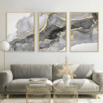 tableau contemporain minimaliste marbre effet liquide gris noir doré sans cadre impression toile chambre