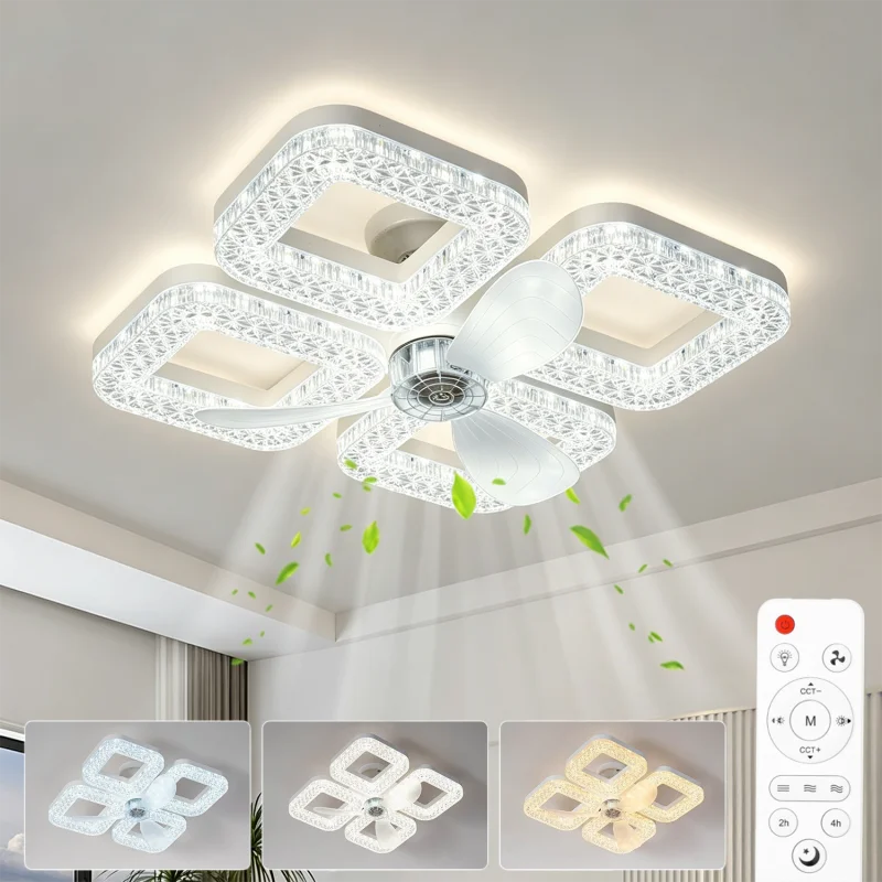 ventilateur lampe led blanc cristaux moderne télécommande 3000k 6500k 3vitesses minuterie