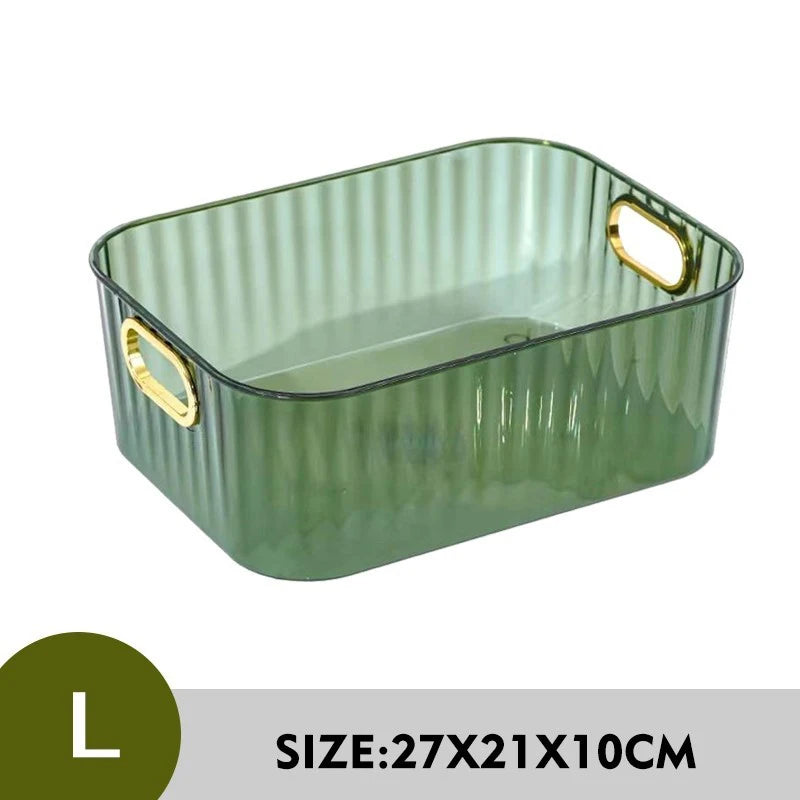 boîtes rangement transparentes paniers minimalistes poignées métalliques dorées moderne texture géométrique