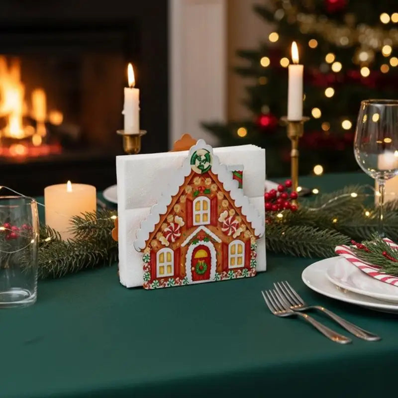 porte serviettes noel forme maison pain epices decoration festive bonbons guirlandes sapin imitations glace