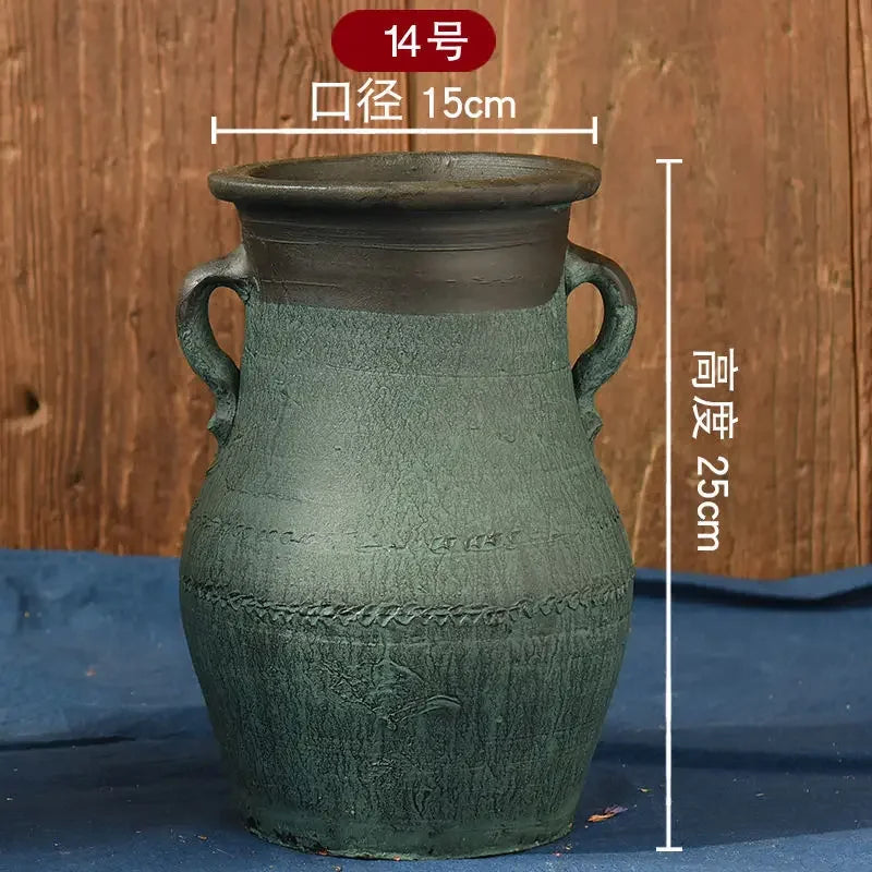 vase chinois céramique rayures ethniques fleurs artificielles vert bleu marron gris salon decoration