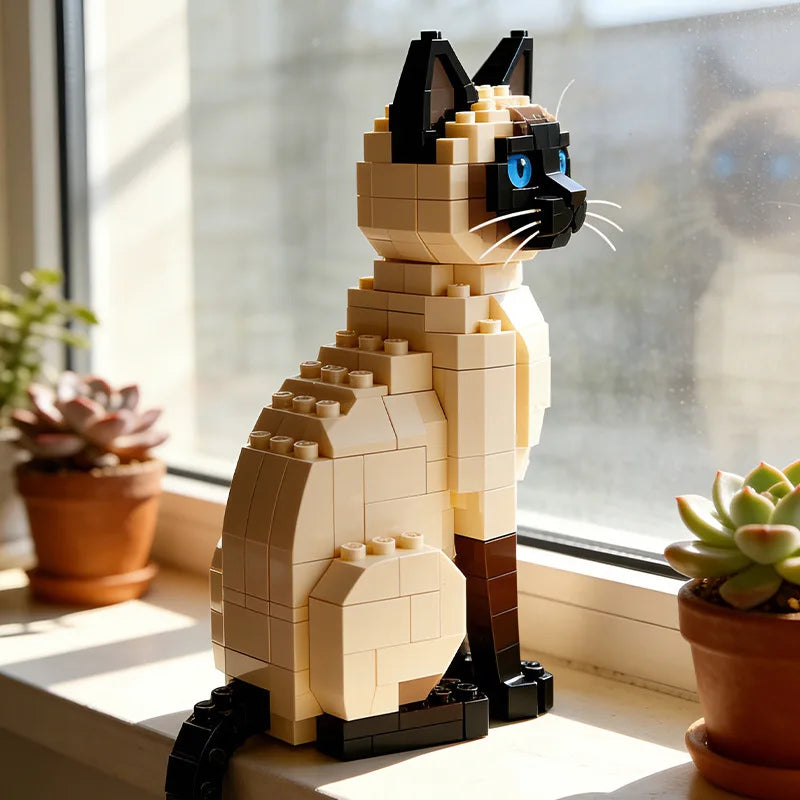 statue chat blocs beige clair noir bleu pot fleurs plantes grasses