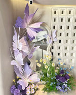 décorations papillon fleurs artificielles rose violet bleu effet plissé miroir bois