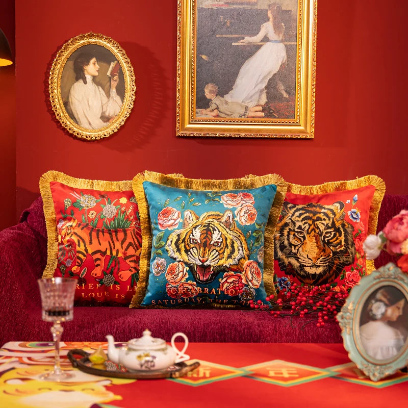 coussin velours imprimé tigre floral vintage canapé lit amovible lavable