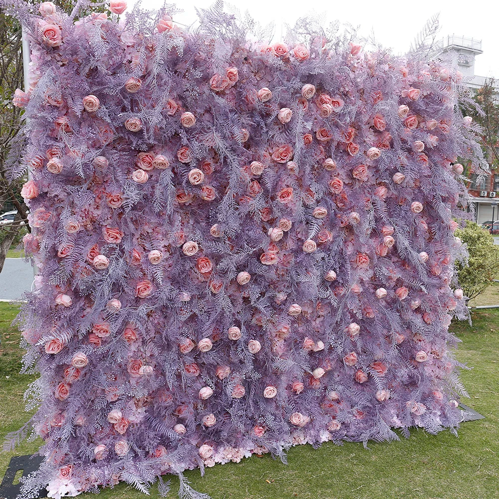 panneau mural fleurs artificielles roses violets decoration mariage moderne floral romantique