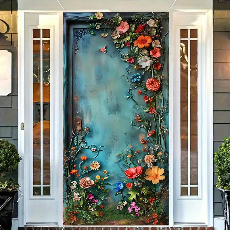 porte décorative artisanale fleurs colorées feuilles papillons bleu vert rouge orange jaune adhésifextérieurintérieur
