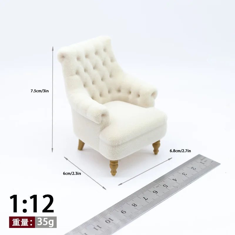 fauteuil miniature blanc velours épais boutons classique 14+ deco maison poupée imitation salon