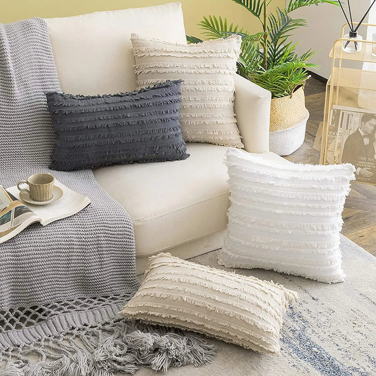coussins décoratifs lin coton gris beige jaune boho chic 30x50cm 45x45cm 50x50cm